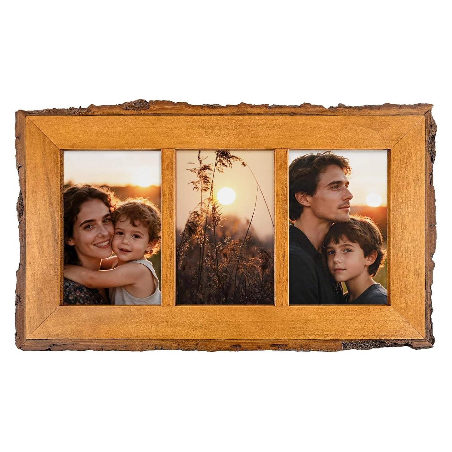 Golden State Art, 4x6 Collage Picture Frame - Solid Wood with Real Glass - Multi Picture Frame for (3) 4x6 Photos - Natural Bark Edges Design - Farmhouse Collage Wall Decor - Rustic Brown