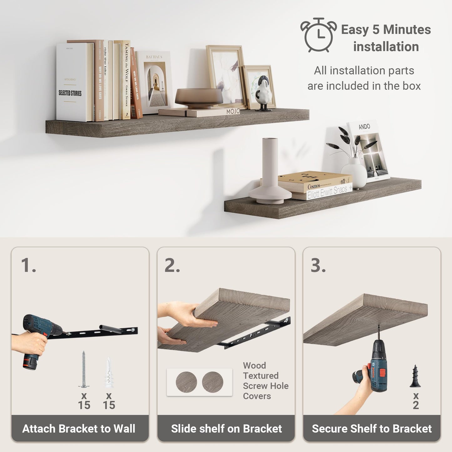 Vivelove Elm Floating Shelves for Wall Solid Wood, 24 Inches Long Rustic Wall Shelf with Invisible Bracket for Living Room Bedroom Bathroom Office Book, Farmhouse Wall Display Shelf, Set of 2 - Grey