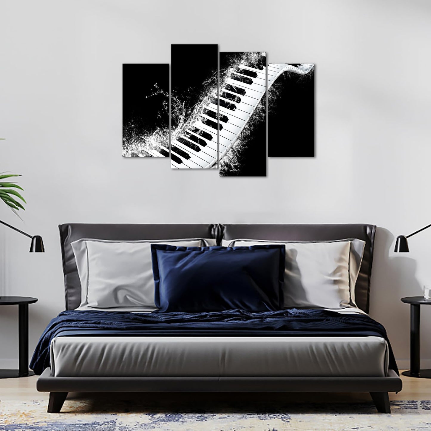 Canvbay 4 Panels Music Canvas Wall Art Black and White Piano Keyboard with Water Splash Pictures Prints Musical Instrument Artwork Framed for Studio Office Living Room Decor