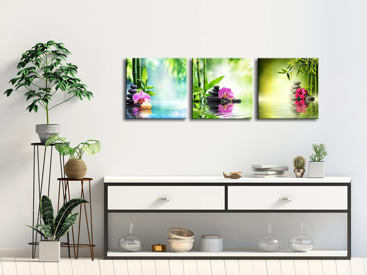Pyradecor 3 Pieces Spa Zen Stone Canvas Wall Art Modern Romance Green Bamboo Pink Flowers Paintings Pictures for Living Room Bedroom Home Office Decoration