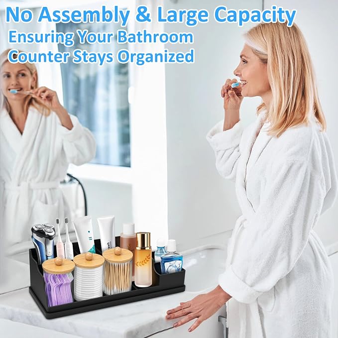 Bathroom Counter Organizer, Black Silicone Toothbrush Holders for Bathrooms Organizer Countertop with 3PCS Qtip Holder, Toothbrush and Toothpaste Holder for Bathroom Organization Storage Vanity