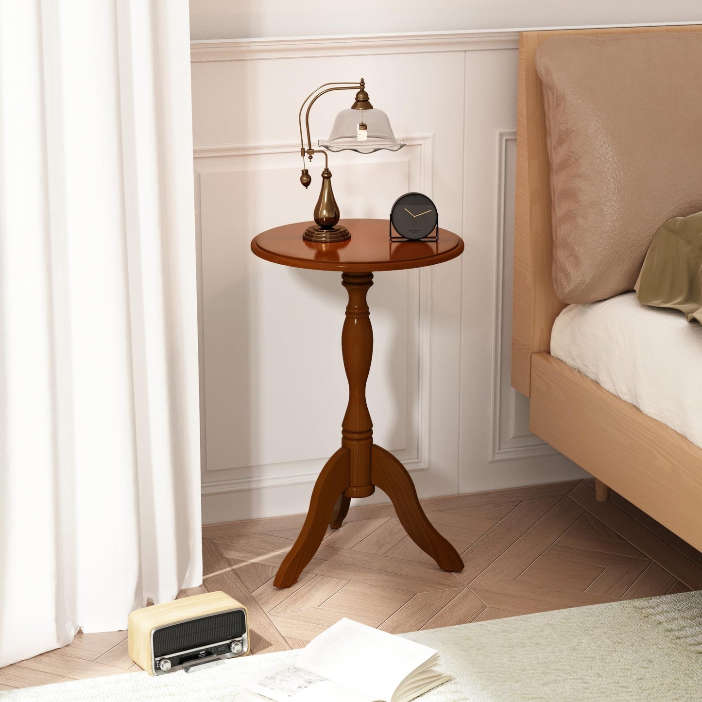 HLR Round Small End Table, Wooden Pedestal Side Coffee Tables, Vintage Accent Nightstand for Living Room, Bedroom, Entryway (1, Walnut)