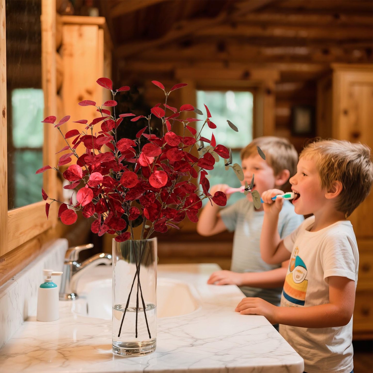 siqifloral 4pcs 23.62" Realistic Red Artificial Leaves – Faux Red Eucalyptus Stems for Vase Decoration, Rustic Farmhouse & Christmas Table Centerpiece