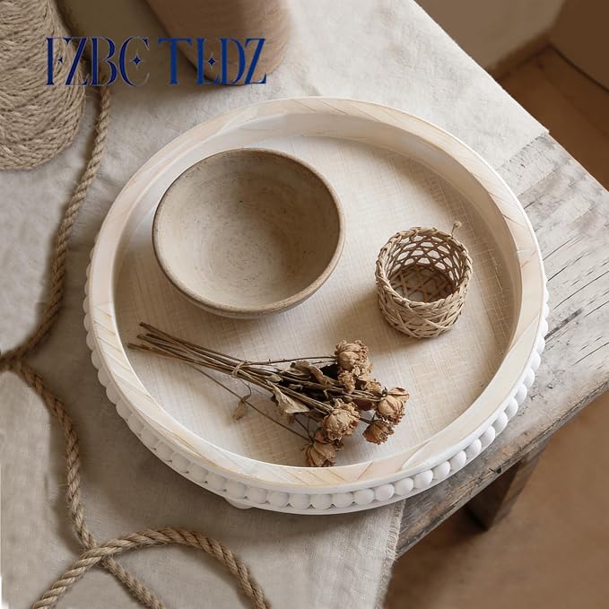 Decorative Coffee Table Tray, 12 Inch White Washed Wooden Beaded Tray with Removable Legs, Rustic Farmhouse Centerpiece Tray for Living Room, Kitchen Counter Decor