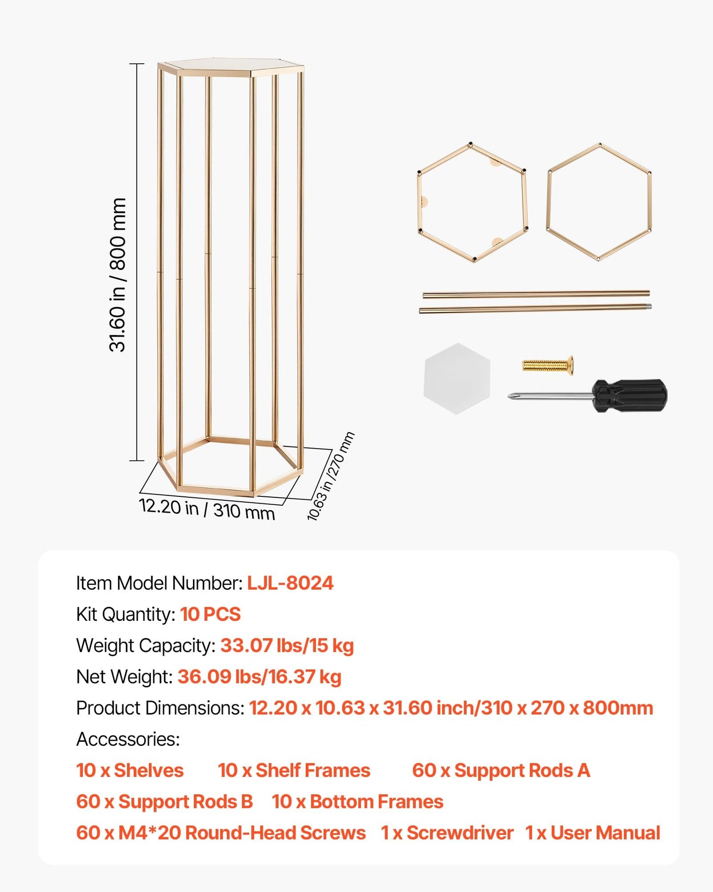 VEVOR Wedding Flower Stand, 10PCS 31.5-inch Column Flower Stand, Floral Stands with Acrylic Laminate, Hexagonal Cubic Floral Display Rack for Wedding, Party, Birthday, Home,French Gold Stands