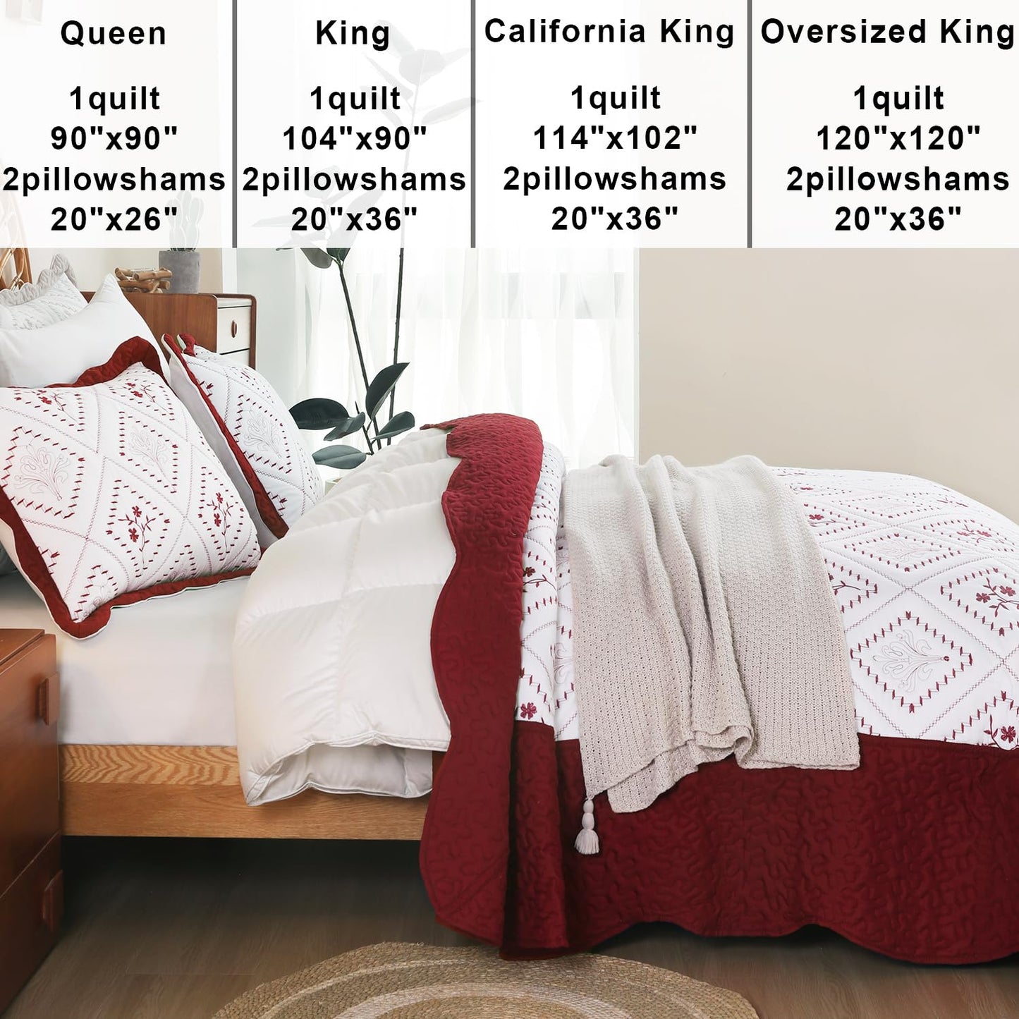 Cmfshape Floral Embroidery Quilt Set,3 Pieces Oversized King Quilt Bedding Set,Classic Diamond Pattern Quilts,Ultra Soft Lightweight Reversible Bedspread Coverlets for All Season(Burgundy,120"x120")