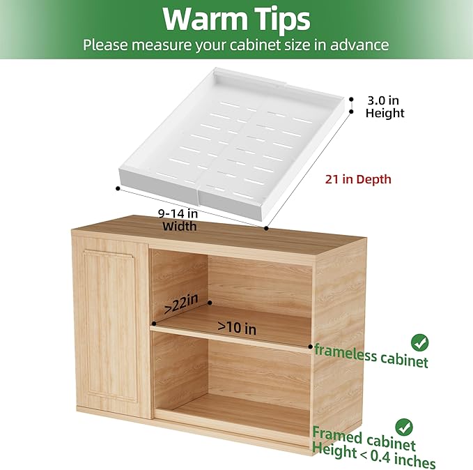 PAKETA 4 Pack Expandable Pull Out Cabinet Organizer, 21'' Deep Pull Out Drawers for Cabinet, Upgrade 3 Slide Rails Sliding Drawers for Cabinets with Adhesive Nano Film (White, 21"D X 9-14"W)