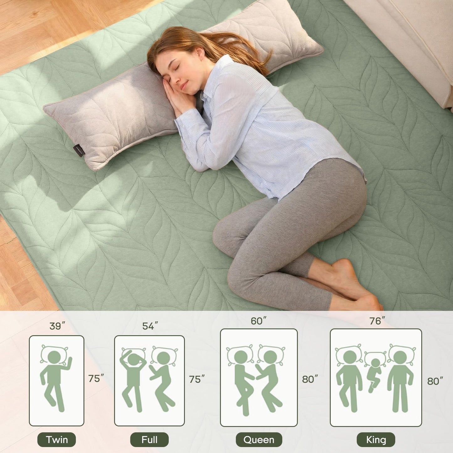 ZonLi Japanese Floor Mattress Futon Mattress Twin Size, Thicken Roll Up Tatami Mat 100% Cotton Washable Cover, Portable & Foldable Floor Bed Mattress for Sleeping, Dormitory, Adult Kids, Green