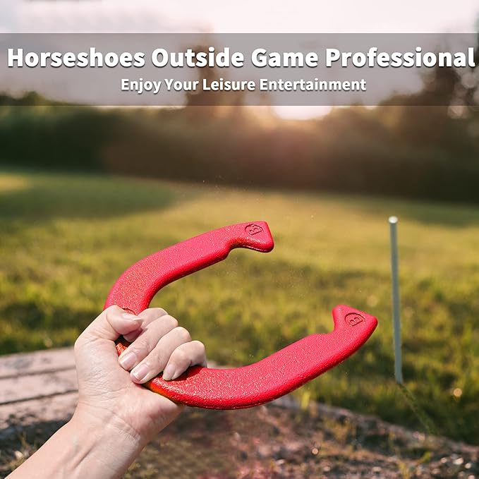 Horseshoes Outside Game Set - Universal Size Lawn Horseshoes Outdoor Games for Parties Beach Backyard, Includes 4 Horseshoes, 2 Steel Stakes and Durable Carrying Bag