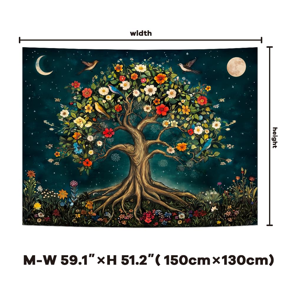 Amtoodopin Tree of Life Tapestry Mystic Boho Flowers Tapestry Vintage Aesthetic Tree Wall Tapestries Retro Nature Floral Plants Tapestries Wall Hanging for Bedroom