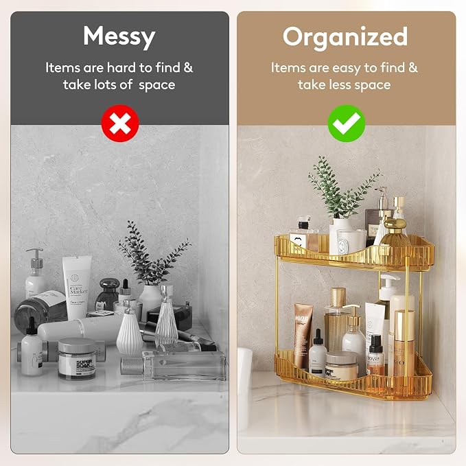 Lifewit 2-Tier Corner Bathroom Counter Organizer, Plastic Makeup Skincare Organizers Storage Countertop, Large Sink Cosmetic Perfume Shelf for Bedroom, Dresser, Kitchen, Vanity, Gold, 25 cm/10inch(H)
