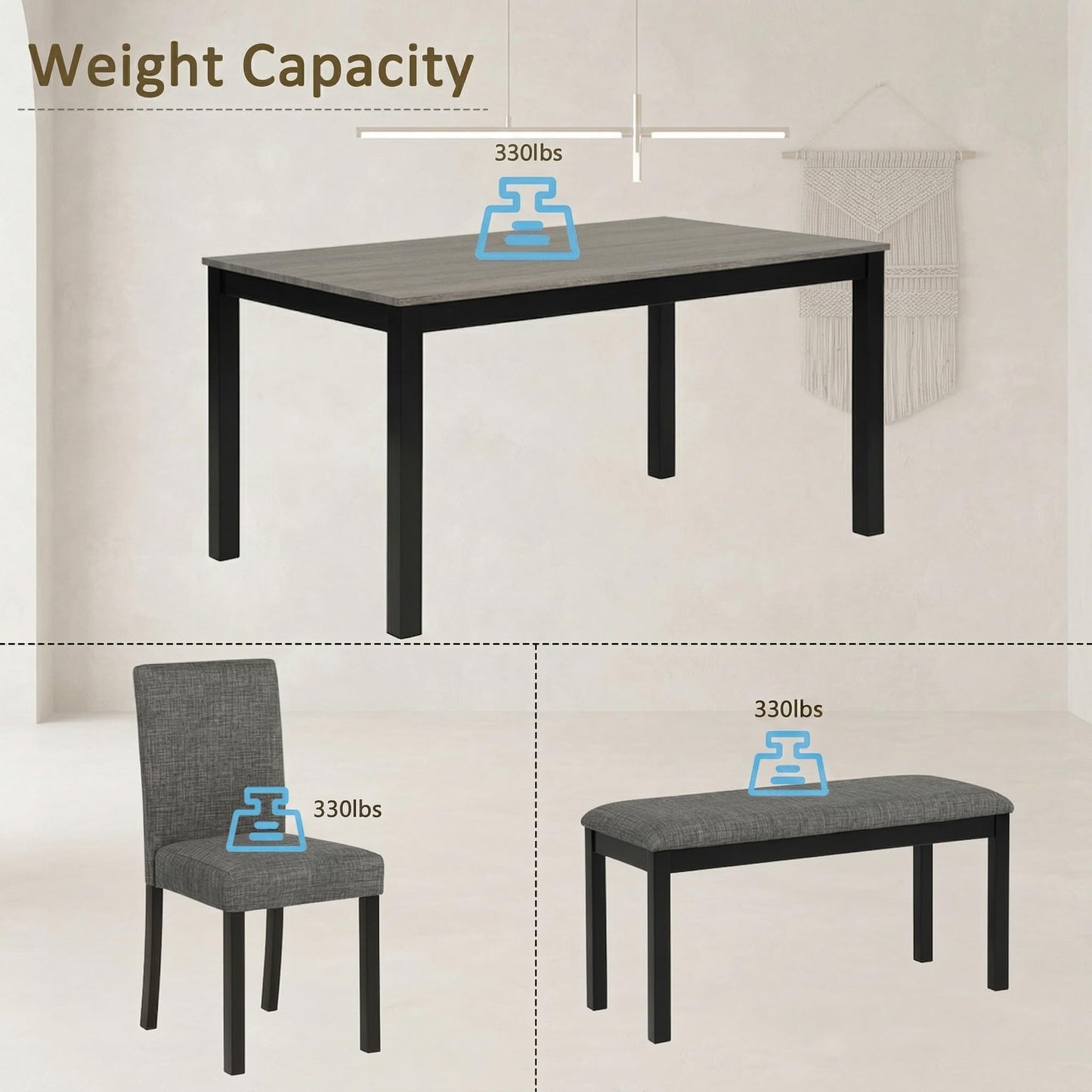 Casaphoria 6-Piece Dining Table Set with Bench and 4 Upholstered Chairs, Modern Wood Kitchen Table Set for 6, Rectangular Furniture for Dining Room, Home Gatherings, Light Grey & Black
