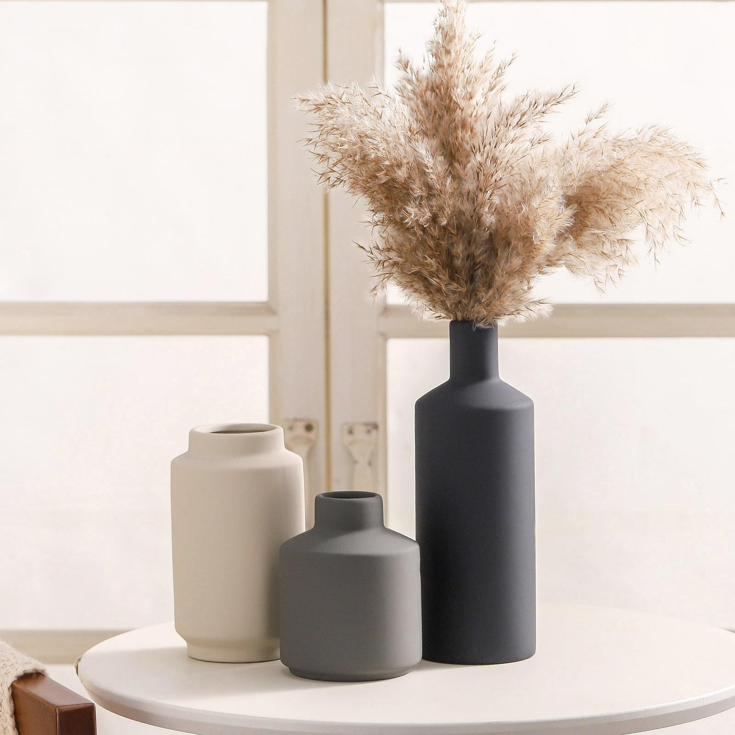 Ceramic Vase Set of 3, Modern Decorative Vases for Home Decor, Small Flower Pottery Vase Sets, Boho Farmhouse Rustic Vases for Living Room, Kitchen, Bedroom, Bathroom, Shelf, Table