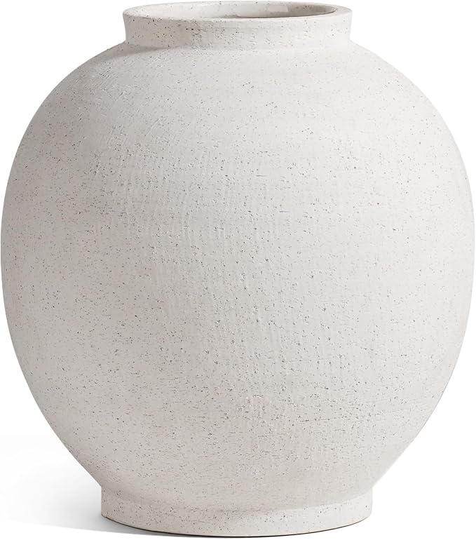 White Ceramic Vase - Large 13.5 Inch Round Floor Vase for Centerpieces, Farmhouse Flower Vases, Rustic Minimalist Home Decor (Sandstone White)