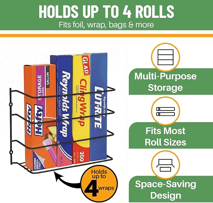 Evelots Kitchen Wrap Organizer - 4 Pack - Hold up to 4 Plastic, Foil, Paper, Wax - Cabinet Door, Wall Rack Basket - Sandwich, Freezer, Food Bag Storage - Laundry Supplies - Black