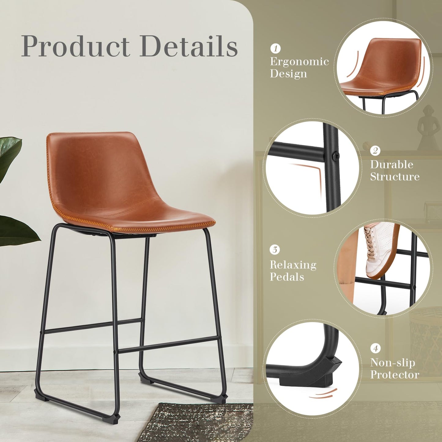 DUMOS 26 Inch Counter Height Bar Stools Set of 4, Modern Faux Leather High Barstools with Back and Metal Leg, Bar Chairs for Kitchen Island, Brown