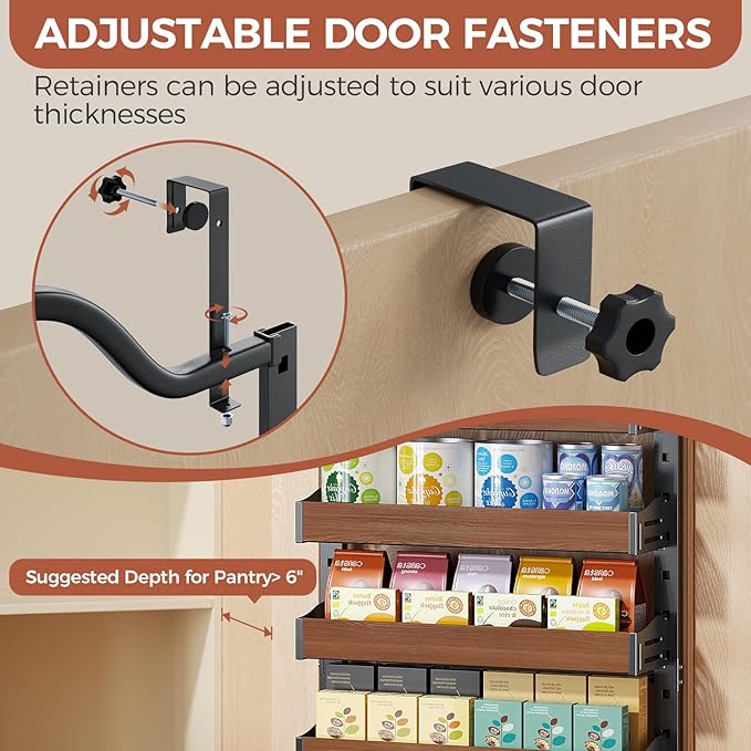 8-Tier Pantry Door Organizer, Over the Door Pantry Organizer with Wooden Adjustable Baskets, 2 IN 1 Spice Rack Wall Mount or Door Organizer, Door Spice Rack for Pantry（72.6×17.1×5.1in,Black)