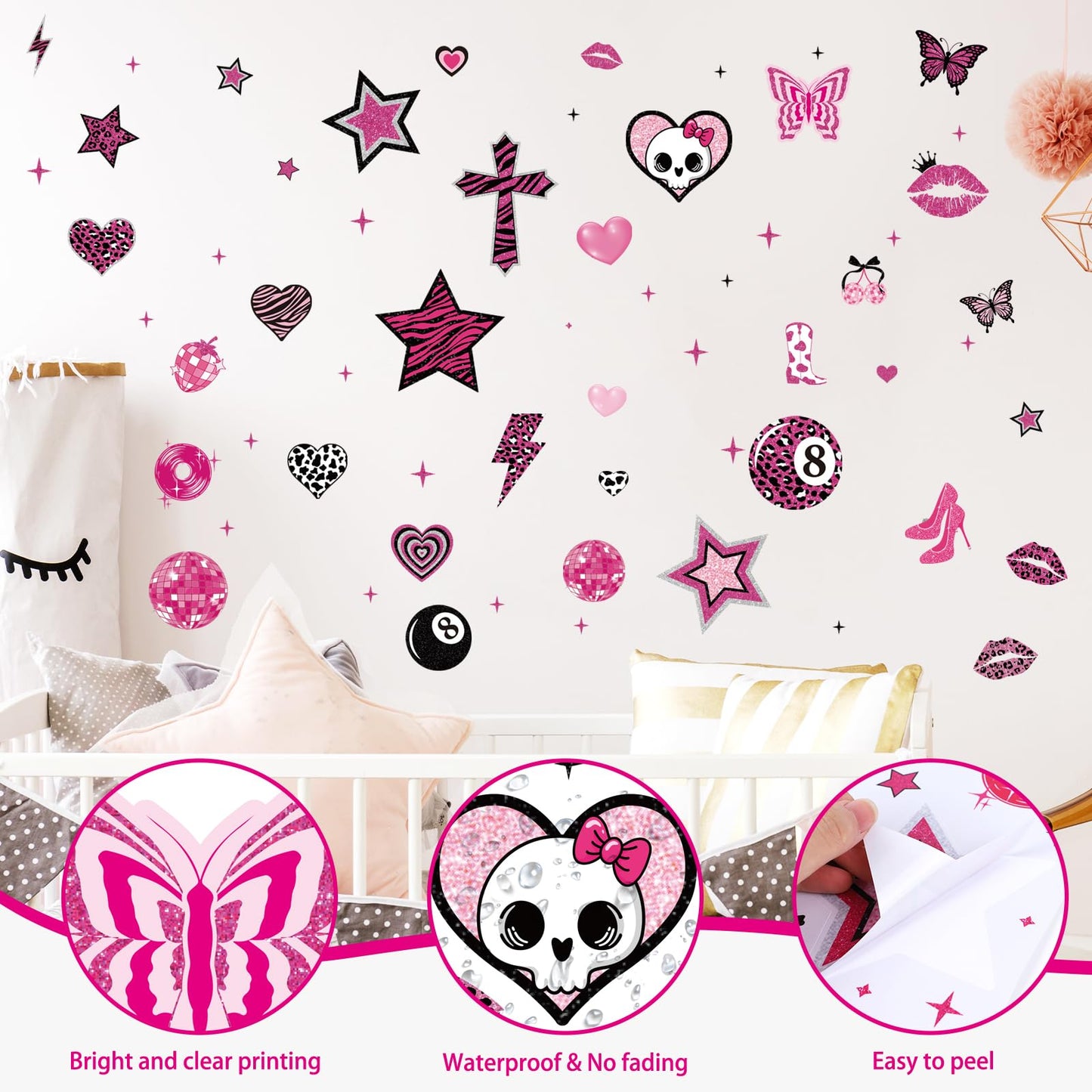 Wxiben Aesthetic Y2K Room Decor - 200 Pcs 2000s Mcbling Wall Decals Hot Pink Walls Stickers Decor for Room Y2K Star Baddie Peel and Stick Wall Decals for Home Bedroom Living Classroom Apartment Dorm