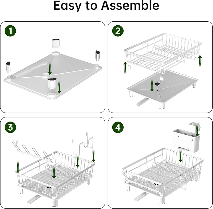 Dish Drying Rack, Dish Racks for Kitchen Counter, Detachable Dish Drainer with Drainboard, Utensil Holder, Cup Holder, Space Saving Kitchen Drying Rack for Small Home and Appartment, White