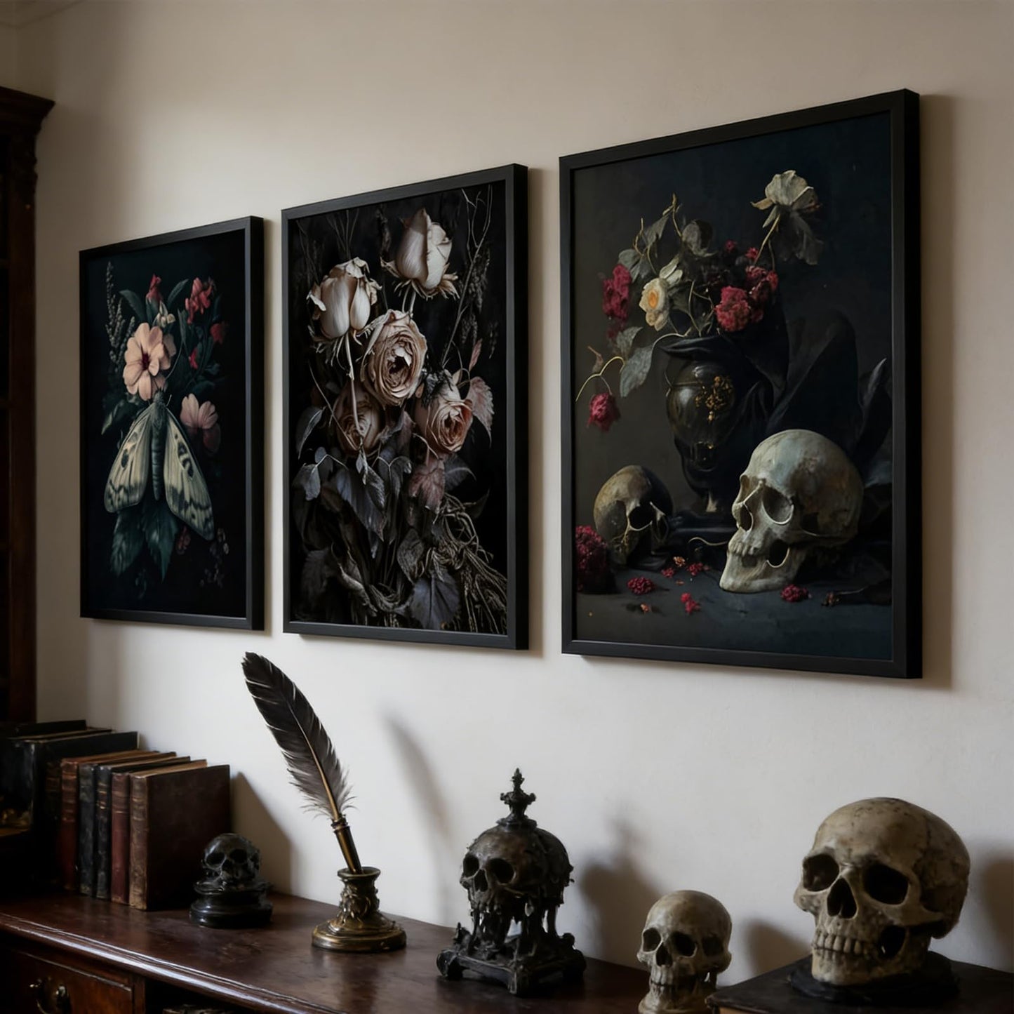 ASEKBWL 3Pcs Gothic Poster Wall Art Dark Academy Moth Rose skull Horror Painting Picture Wall Decor Creepy Moody Halloween Canvas Print Artwork for Bathroom Living Room Study Home Decoration Unframed