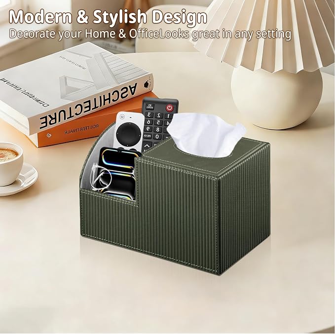 PU Leather Square Tissue Box Cover - Multi-Functional Tissue Box Holder, Tissue Box Cover with Storage,Tissue and Remote Control Holder, Cube Tissue Box Organizer Bedroom Nightstand End Table