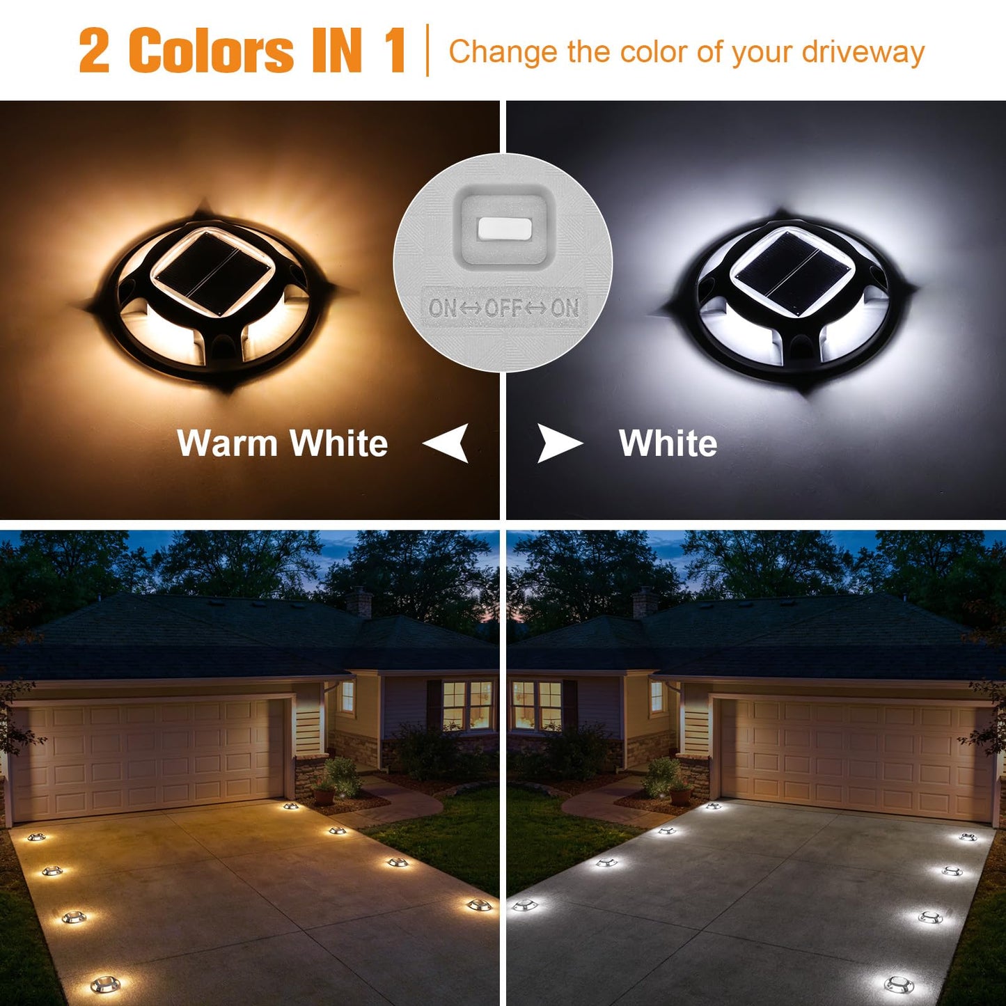 VOLISUN Solar Driveway Dock Marine Lights 8-Pack,2 Colors in 1,Outdoor LED Deck Lights,Solar Powered Waterproof Warning Step Light for Driveway Sidewalk Pathway (White/Warm White),Saltwater Resistant