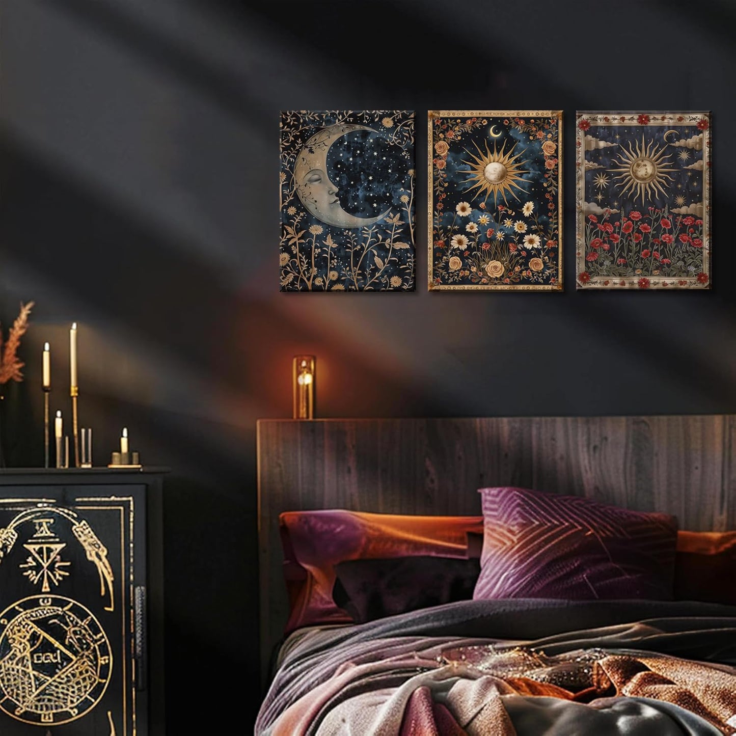 Dark Sun and Moon Celestial Wall Art Spiritual Gothic Tarot Wall Decor Painting Witchy Astrology Mystical Poster Canvas Prints Artwork for Bedroom Living Room 12x16 inch Framed