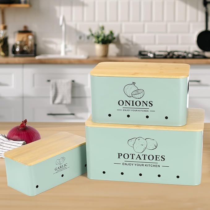 Kitchen Vegetable Storage Set of 3, Metal Onion Garlic Potato Storage Set, Kitchen Canisters Vegetable Keeper Containers with Aerating Holes and Bamboo Lid,Sage Green