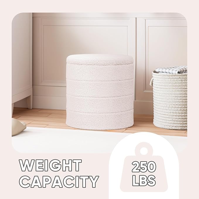 PINPLUS Round Storage Ottoman Foot Rest Stool with Tray Velvet Sherpa Folding Storage Ottoman,Boucle Foot Rest for Living Room, Bedroom, Dorm,White Color