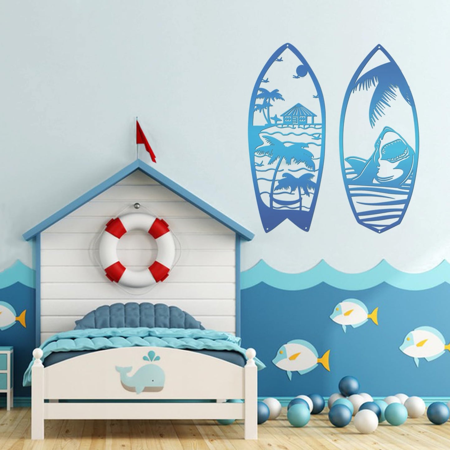 Beyoogeem 4Pcs Metal Surf Board Wall Decor Summer Surfboard Beach Signs Shark Palm Tree Wall Art Tropical Wall Decor Hanging Coastal Wall Decor Sea Turtle Wall Decoration for Wall Door (Blue)
