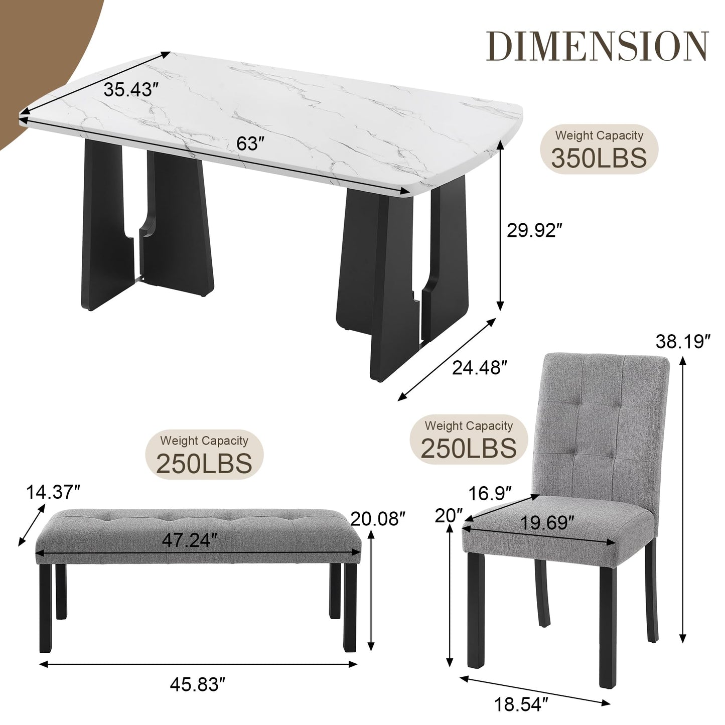 GDFStudio 6 Piece Faux Marble Dining Set with Bench, 63" Oval Kitchen Table with 4 Upholstered Tufted Chairs, Rubber Wood Legs, Modern Dining Room Furniture, Gray & White