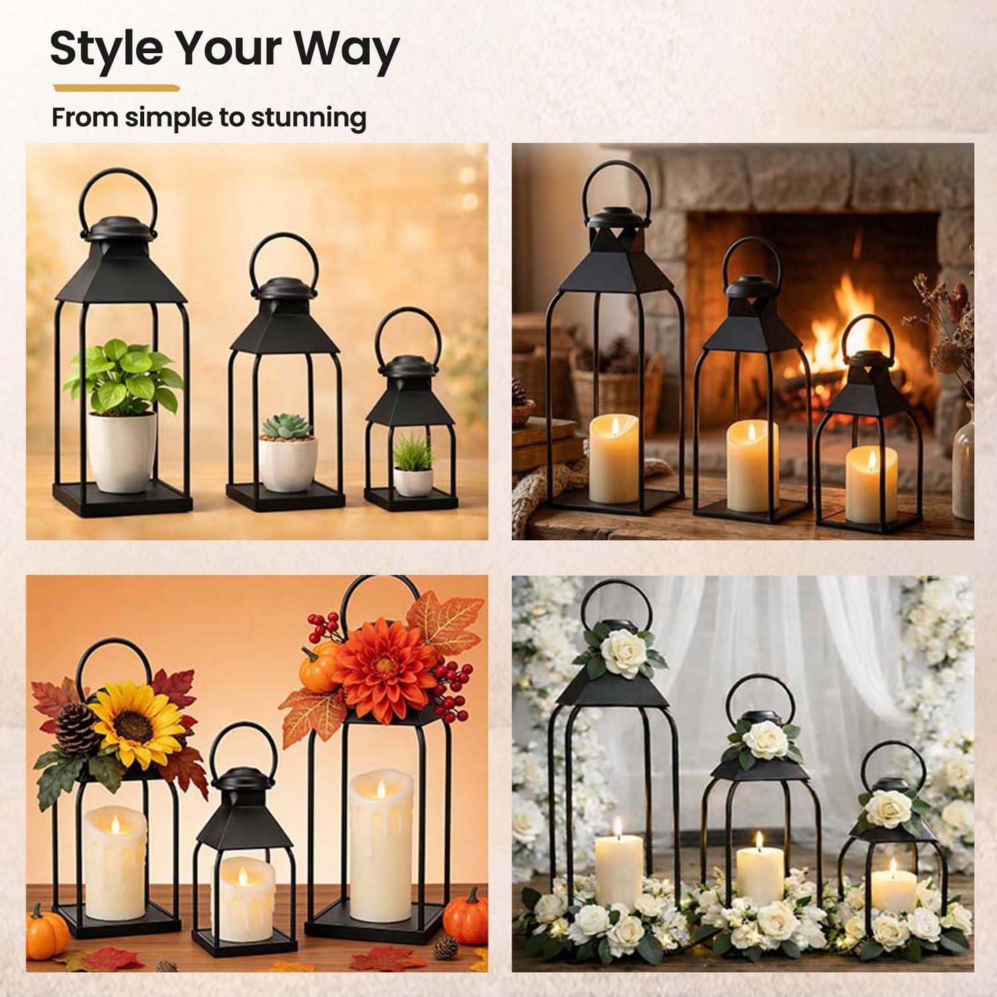 Decorative Metal Lanterns Indoor Outdoor, Set of 3 Farmhouse Lantern Holders Without Candles for Porch, Patio, Fireplace, Floor, Wedding & Holiday Table Centerpiece (Black, 20" 15.7" 12")