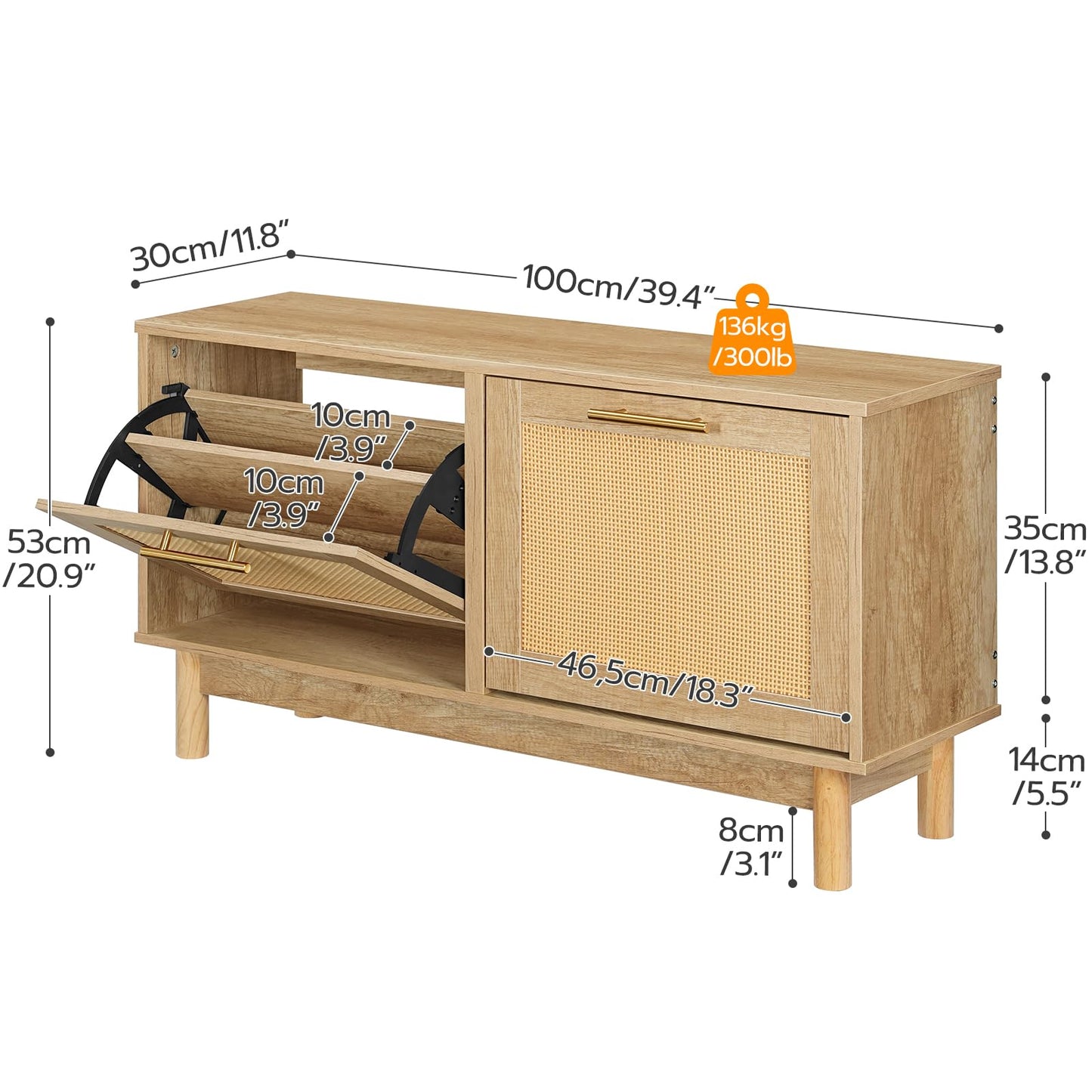 HOOBRO Shoe Storage Bench, Rattan Entryway Bench with 2 Flip Drawers, 39.4'' Hidden Shoe Cabinet with Adjustable Shelves, Comfort Seat Holds 300lb, Large Capacity Fits 8-12 Pairs, Natural NL51HX01