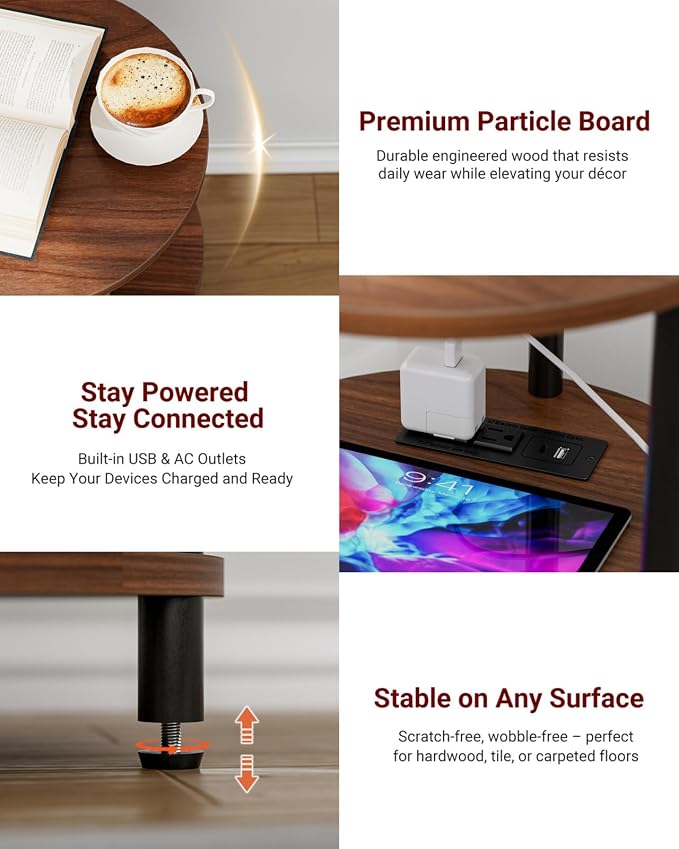 XBurmo Small Round End Table - 3 Tier Design Accent Table, Narrow Side or Bedside Stand, Industrial Vintage Table for Small Spaces, Built-in USB Ports and Power Outlet, Rustic Walnut