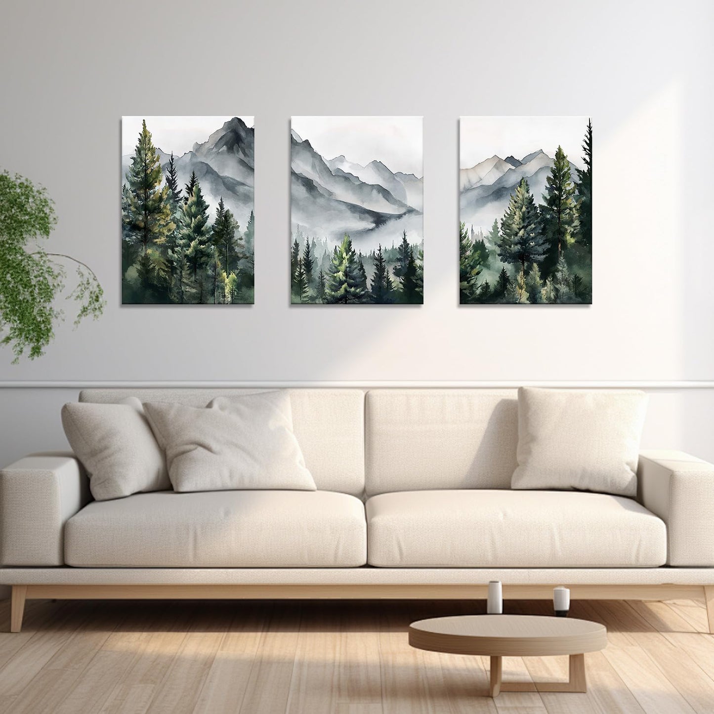 WANGTIAO 3 Panels Framed Canvas Wall Art for Living Room, Abstract Mountain Forest Views Ink Wall Decor for Dedroom Office Wall Paintings Green Landscape Art Prints Pictures Ready to Hang 12"x16"x3