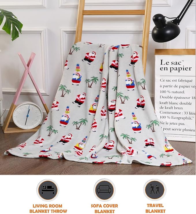 Elegant Comfort Luxury Velvet Super Soft Christmas Prints Fleece Blanket-Holiday Theme Home Décor Fuzzy Warm and Cozy Throws for Winter Bedding, Couch and Gift, 50 x 60 inch, Tropical Santa