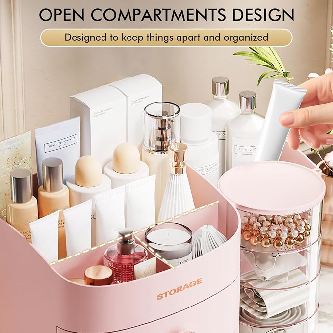 Makeup Organizer Countertop with Drawers, Make up Organizers for Vanity, Skincare Jewelry Earring Organizers, Cosmetic Display Cases Makeup Storage for Bedroom & Bathroom, Ideal Gifts for Women(Pink)