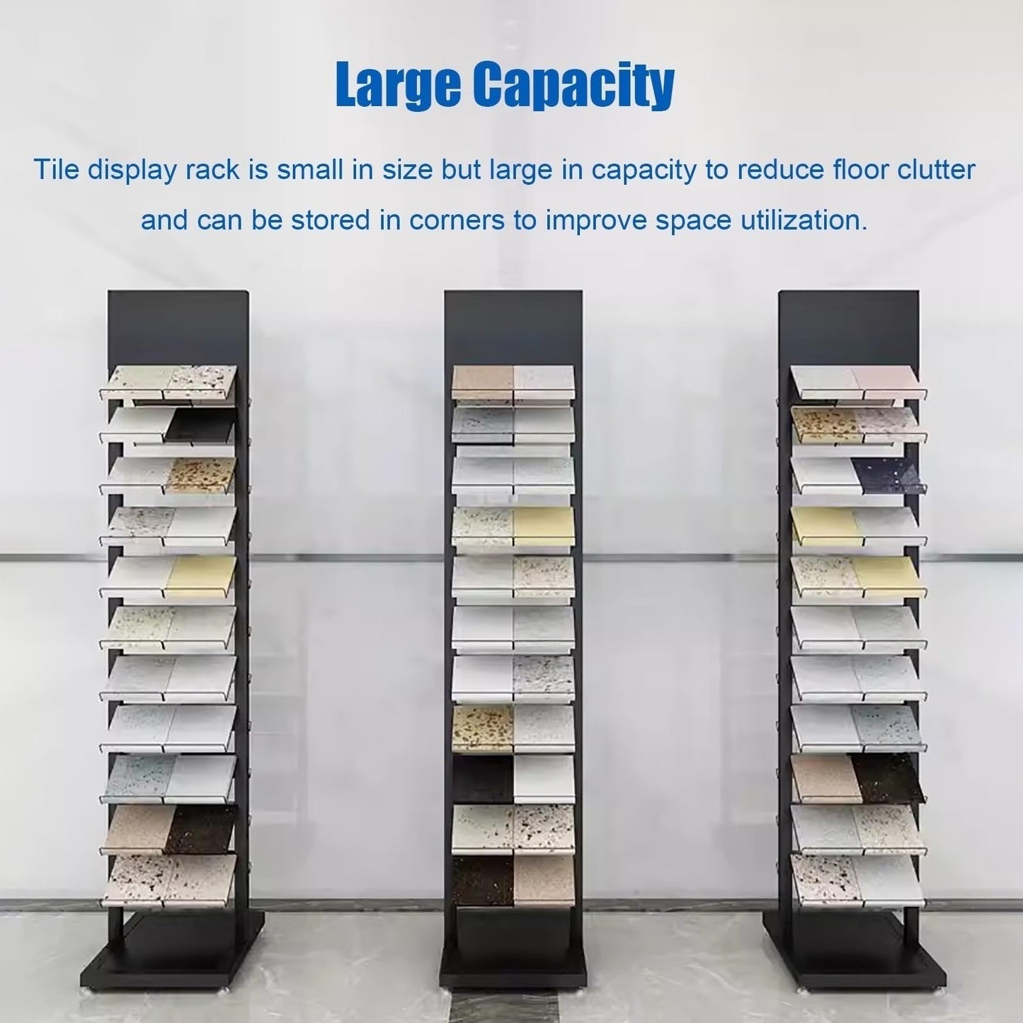CVGfko Commercial Floor Tiles Sample Rack with Double,Side Shelf, Heavy Duty Retail Display Stand for Wooden Boards/Door Templates, Large Capacity & Space Saving,9.8x15.7x66.9in/25x40x170cm