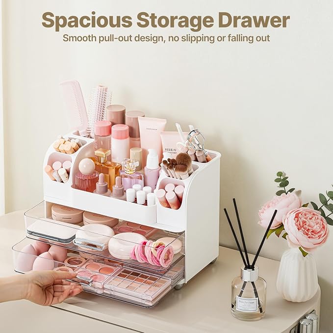 Makeup Organizer with Brush Holder, Makeup Organizer Countertop with 2 Drawers, Make up Organizers for Vanity, Vanity Organizer, Makeup Storage For Skin Cares,Makeup Brushes,Lipsticks,Perfumes(White)
