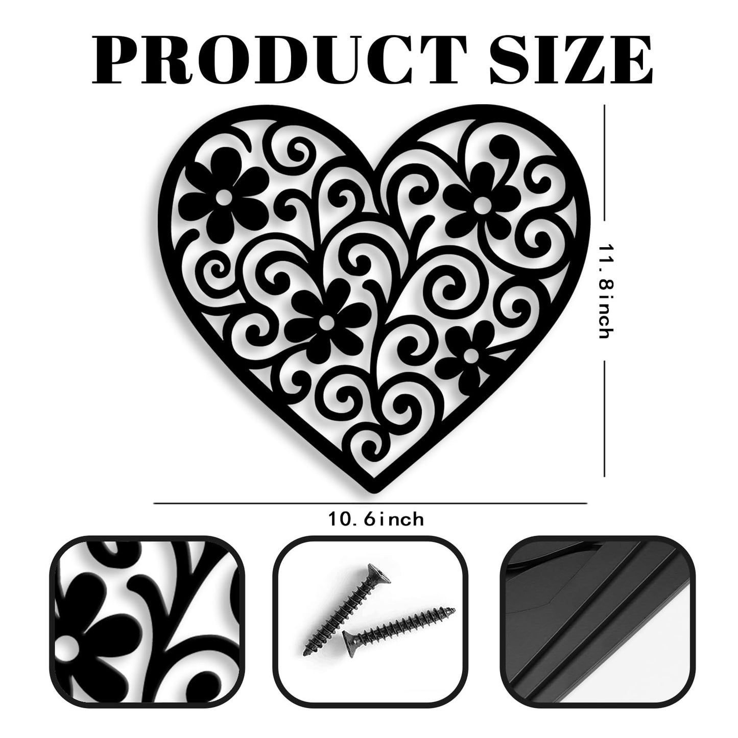 Vineland Black Metal Heart Wall Art, 11.8 Inch Modern Minimalist Sculpture, Floral Pattern Design for Living Room Bedroom Bathroom, Matte Finish Boho Home Decor
