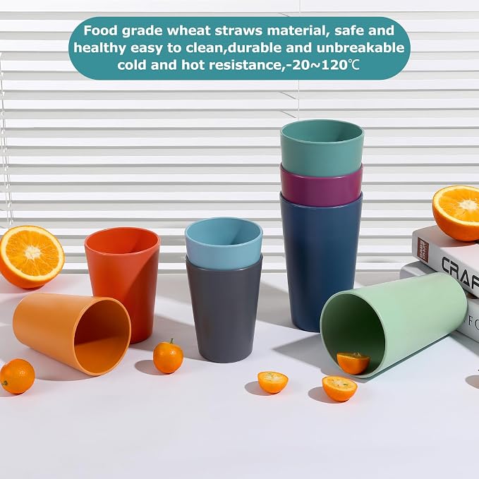 HEYCOME Set of 16 Wheat Straw Cups, 16 Pcs 20 oz Unbreakable Drinking Cups, Reusable Plastic Cups Sets, Water Glasses Tumblers, Microwave & Dishwasher Safe, Bpa Free, 4 Colors