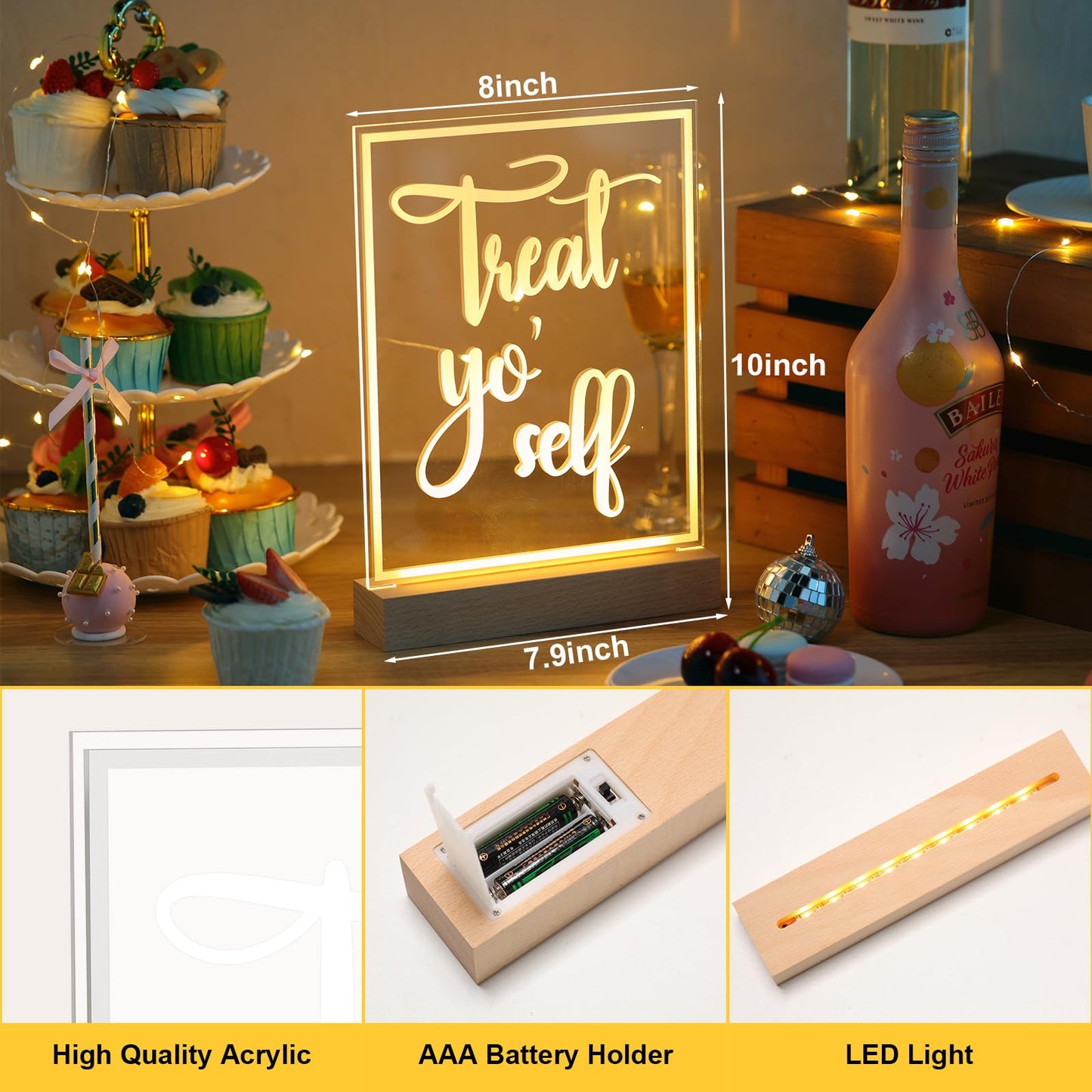 Hoolerry LED Acrylic Bar Table Sign 8" x 10" Neon Acrylic Table Centerpiece, Snack Candy Bar Centerpiece with Stand White Text for Dessert Flower Room Decor (Treat Yoself)