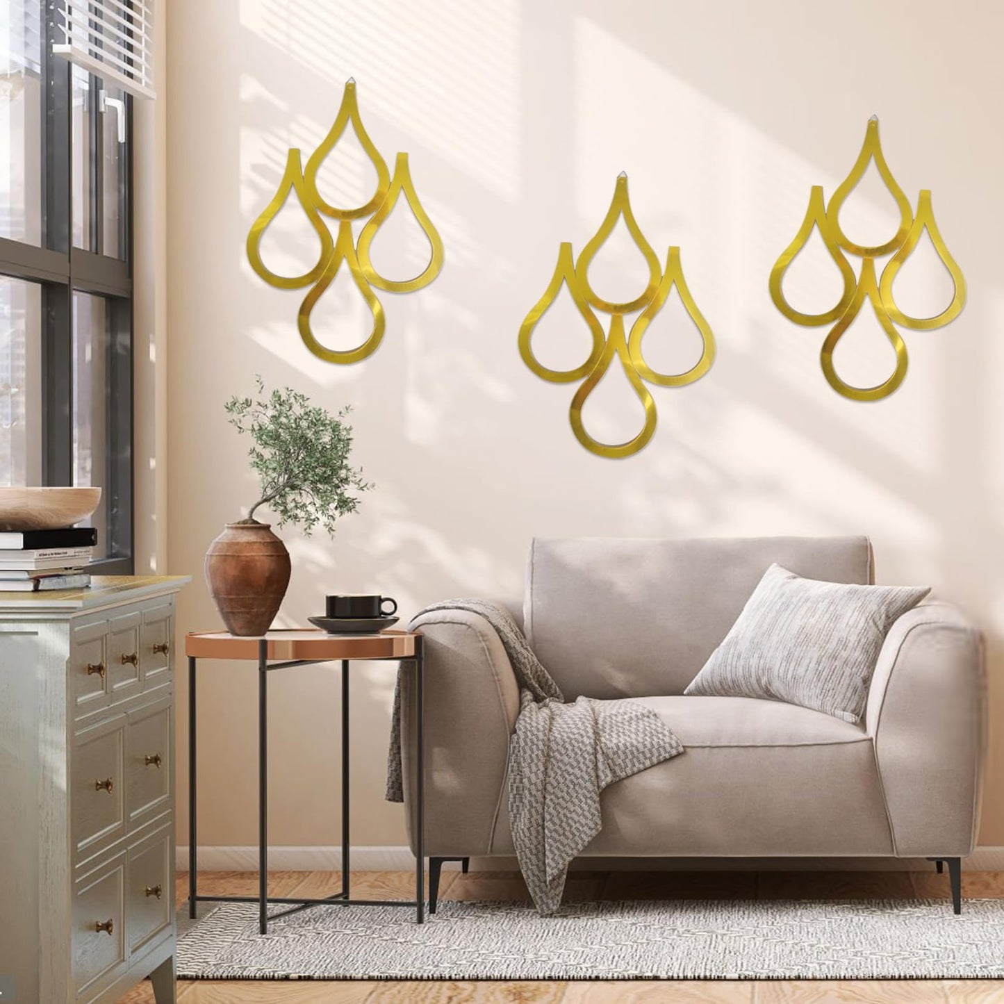 CONEHOY 3 Pcs Teardrop Wall Mirror Hanging Gold Wall Mounted Decorative Accent Mirror for Home Bedroom Living Room Bathroom(15.7 x 11 Inch)
