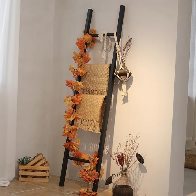FUIN 6ft Wooden Black Blanket Ladder Living Room Decorative Wall Leaning Farmhouse Quilt Display Holder Rustic Wood Towel Rack for Bathroom