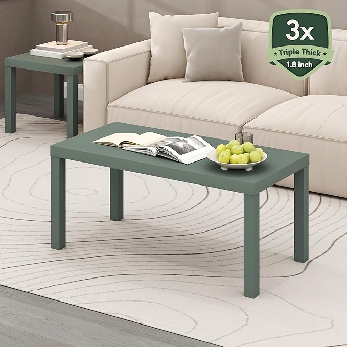 Furinno Classic Coffee Table, Modern Rectangle Coffee Table with 1.8" Triple Thick Tabletop, Side Table, Toolless Assembly, for Living Room, Home Office, Sage Green