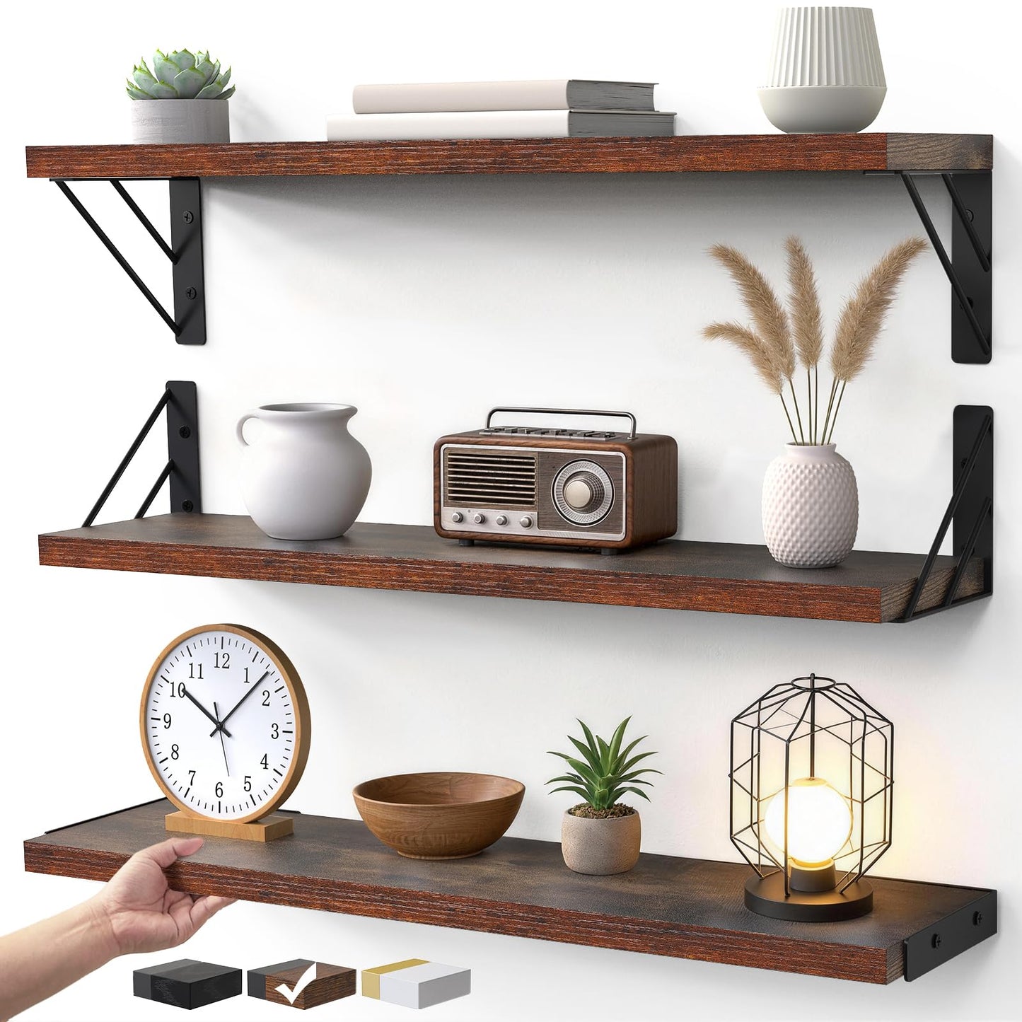 BAYKA 23-in Floating Wall Shelves, Rustic Wood Wall Shelves for Bedroom, Bathroom, Kitchen & Living Room, Display Shelf for Books, Plants & Decor (Rustic Brown)