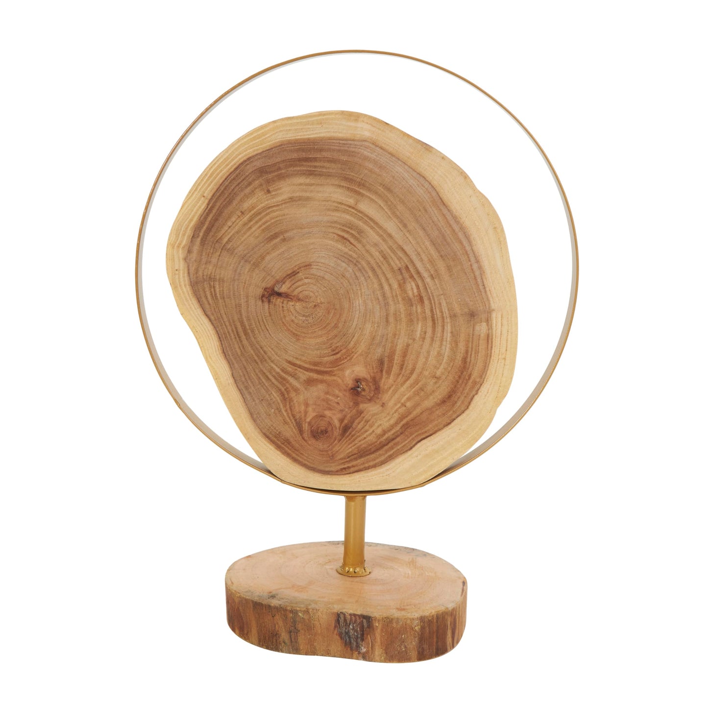 Deco 79 Wood Abstract Handmade Decorative Sculpture Live Edge Slab Home Decor Statues with Gold Metal Rings, Set of 2 Accent Figurines 14", 11"H, Brown