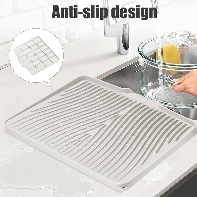 TIKNIK Silicone Dish Drying Mat for Kitchen Counter, Dish Drying Pad, Non-Slip Drain Pad with Built-in Drain, Heat Resistant Stone Drying Mat(16" x 12", Cream)