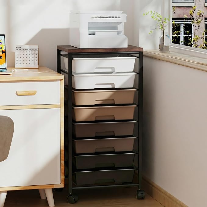 Rolling Cart with 8 Drawers, Storage Drawers Cart with Wooden Tabletop and Lockable Wheels, Craft Storage for Living Room, Office, Classroom, Craft Room, Bedroom (Brown)