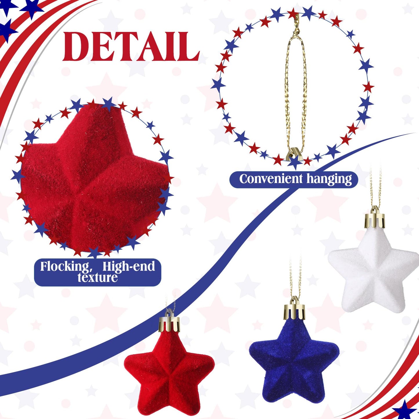 PullCrease 36 Pcs Patriotic Velvet Star Ornaments 1.18 Inch 4th of July Independence Day Tree Decorations Red White Blue Mini Fuzzy Patriotic Ornaments Hanging Stars Memorial Day 250th Anniversary